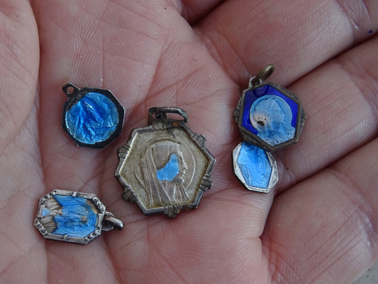 Lot Of 5 Religious Antique Silver | Plated Enameled Medal Charm Pendant Medallion Holy Virgin Mary & Christ Our Lord. 6