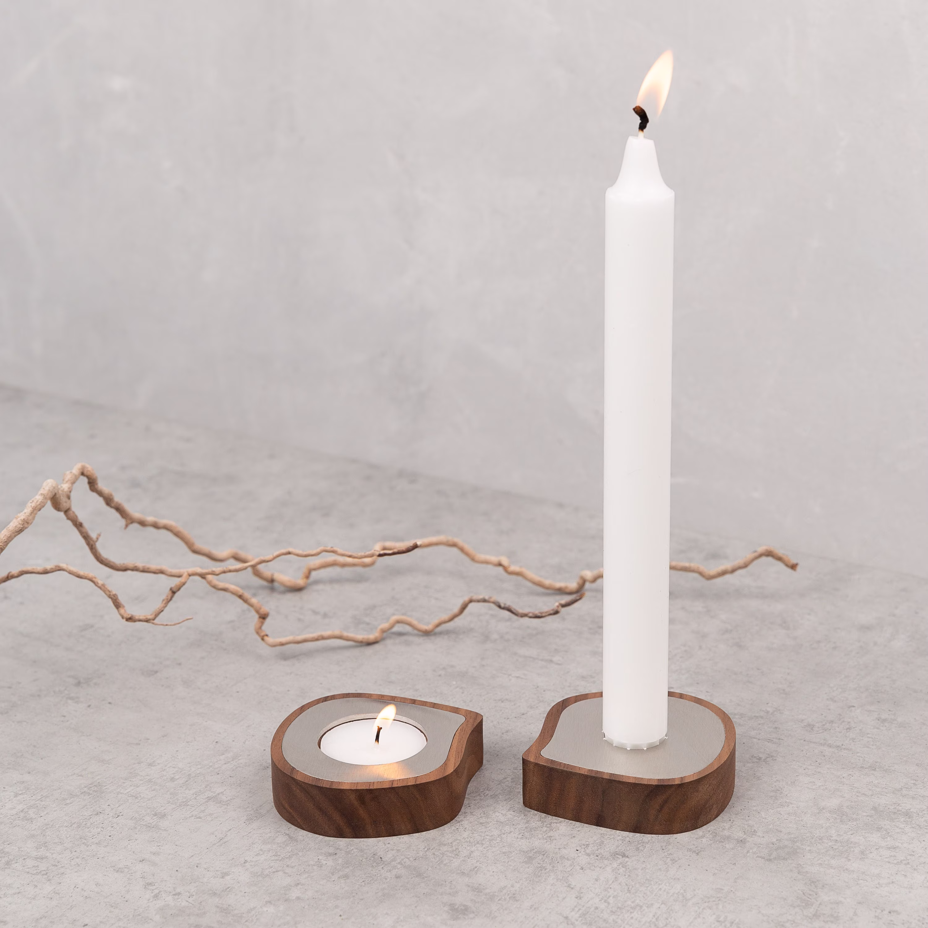 Silver Tealight & Taper Candle Holder | Made From Walnut, Stainless Steel I Wooden Long Tea Light Stand Wedding Table Decor