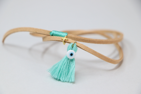 10 Pcs Martyrika Suede Bracelets With Gold Cross & Mint Tassel Witness Baptism Favors For First Communion Christening
