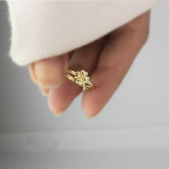 Gold Clover Ring Solid Layering Band Four Leaf Minimal Flower Christmas Gift For Her Handmade Fine Jewelry