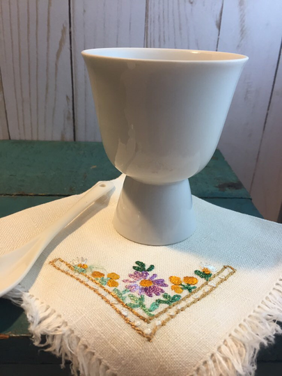 Vintage Egg Cup, Stoneware Double Ceramic Fringe Floral Embroidered Napkin & Spoon, Housewarming Gift