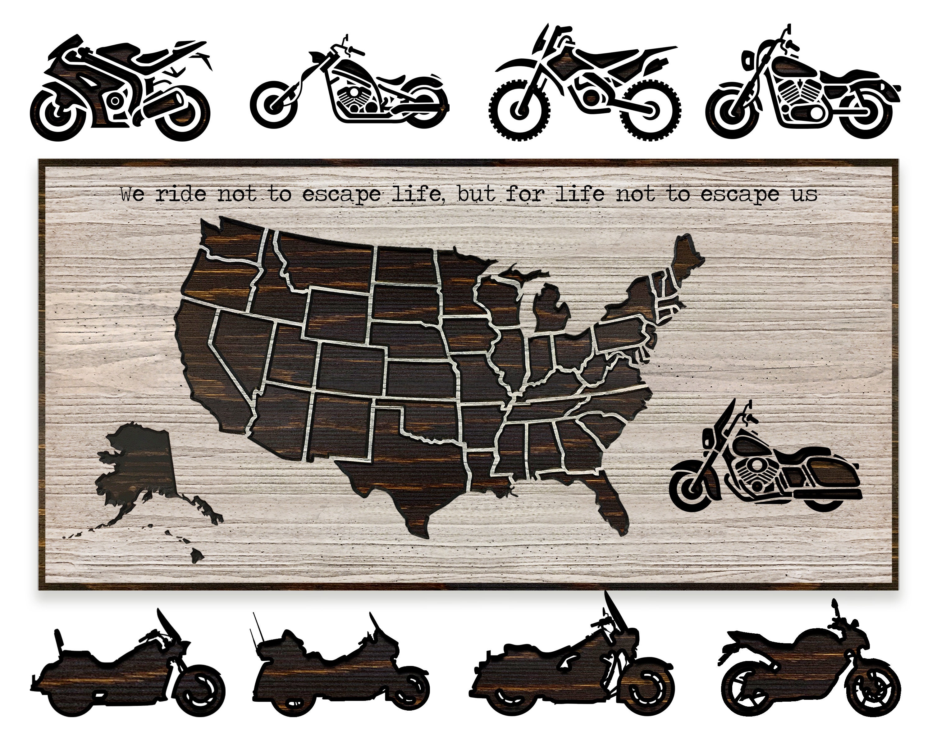 Motorcycle Travel Map Wood Carved Us Wall Art, Can Use Push Pins, Personalized With Your Own Text, Wedding Anniversary & Birthday Gift