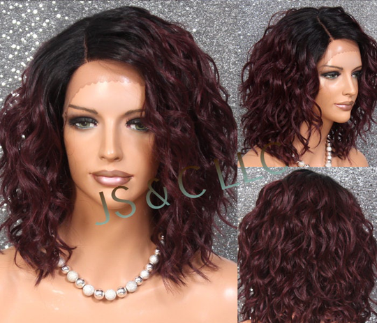 Burgundy Mixed Human Hair Blend Wig Lace Front L Shape Part Mono Handtied Short Curly Cancer Alopecia Theather Cosplay Drag
