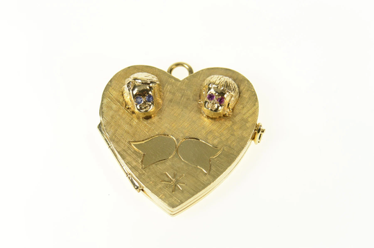 10K Ruby Sapphire Children Heart 4 Photo Locket Charm/Pendant Yellow Gold