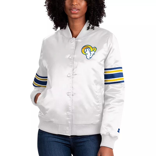 Women's Starter Cream Los Angeles Rams Line Up Satin Full-Snap Varsity Jacket, Size: Large, Beige Over