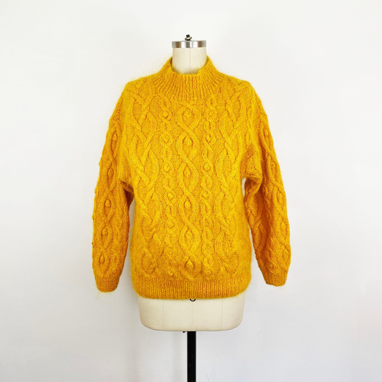 1980-1990S Goldenrod Yellow Mohair Blend Knit Wool Cable Sweater 80S 90S Vintage Bright Minimalist/Fenn Wright & Manson Size Small