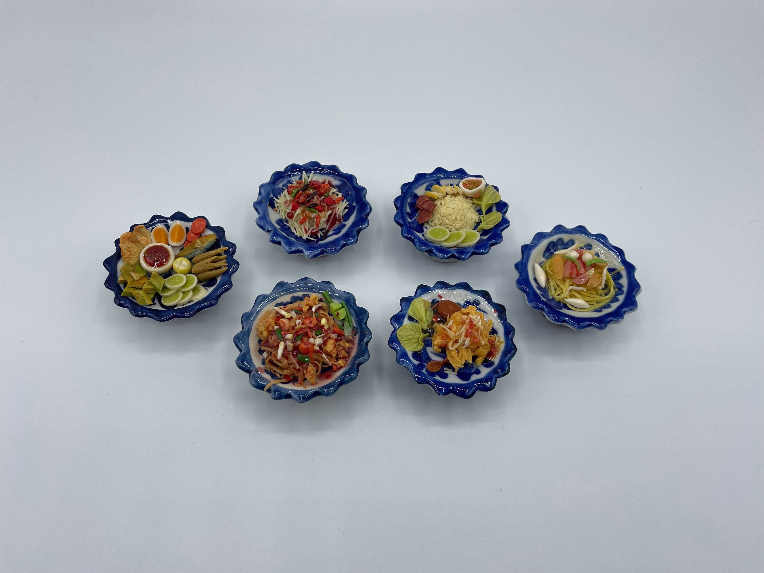 Vintage Ceramic Miniature Asian Food Art Sculptures Blue White Pottery Tiny Sushi Bowls Japanese Ramen Dishes Noodles Rice Lobster Oriental
