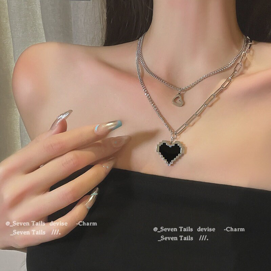 Layered Silver Necklace Set/Double Heart Black Love Chucky Chain For Women Punk Gothic Clavicle Pendant