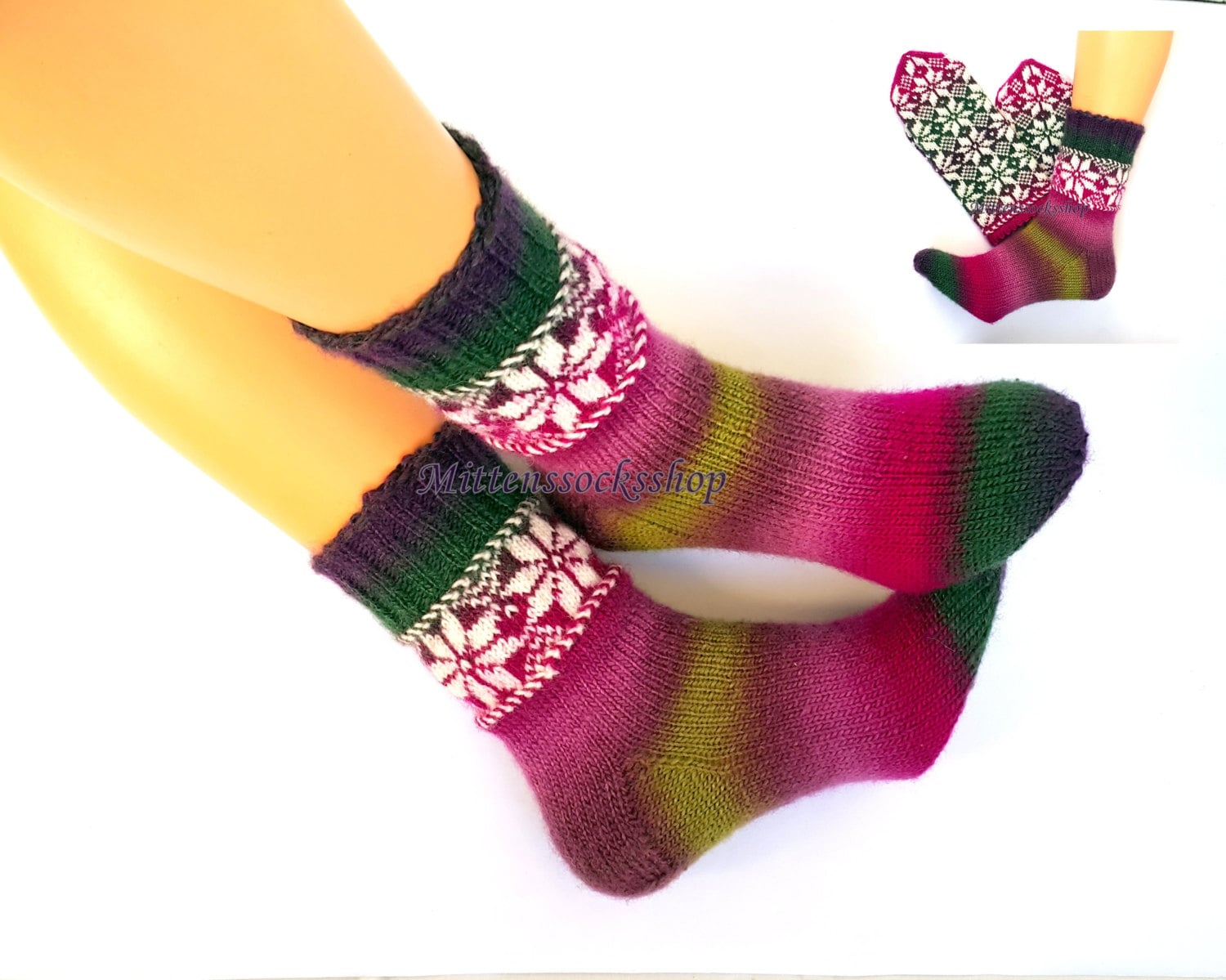 Purple Green Hand Knitted Socks Girl's Women's Men's Winter Warm With Pattern