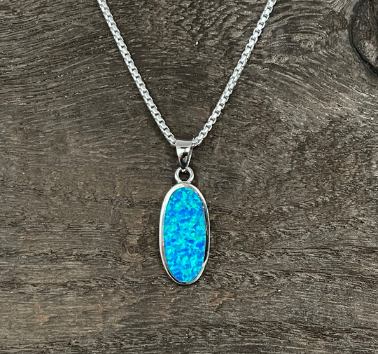 Blue Opal Pendant // 925 Sterling Silver Simple Oval Shape