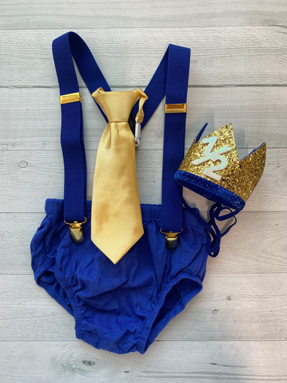 Royal Blue Cake Smash Outfit Boy First Birthday Super Soft Cotton Diaper Cover, Royal Suspenders & Gold Tie, Half Color