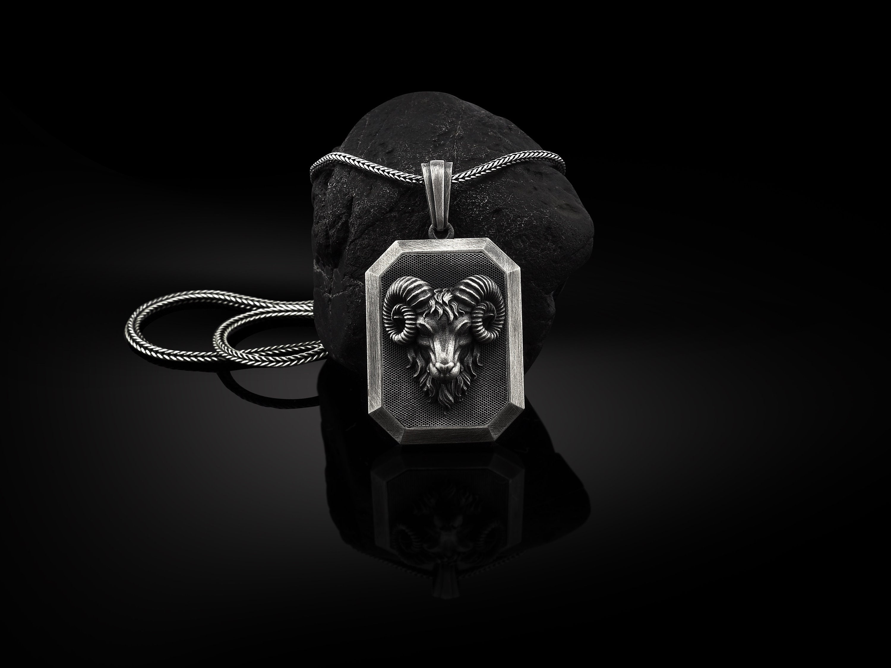 Aries Ram Head Silver Men Necklace, Personalized Man Pendant, Charm, Husband Gift, Medallion