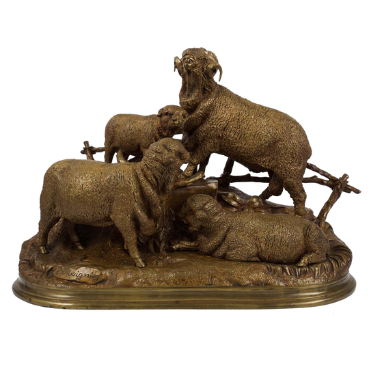 French Antique Bronze Sculpture Of Group Merino Sheep By Jules Moigniez