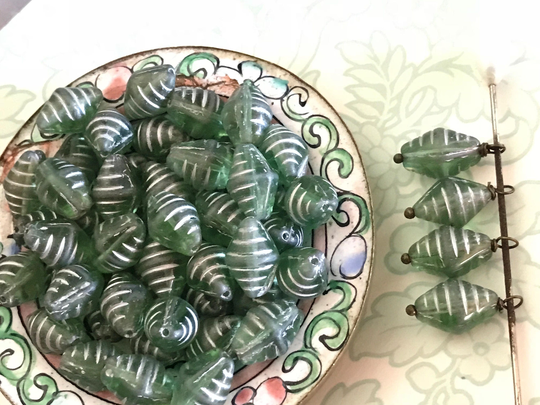 Vintage Glass Beads, Green 14mm Striped Etched Artsy Art Old, Vintagerosefindings