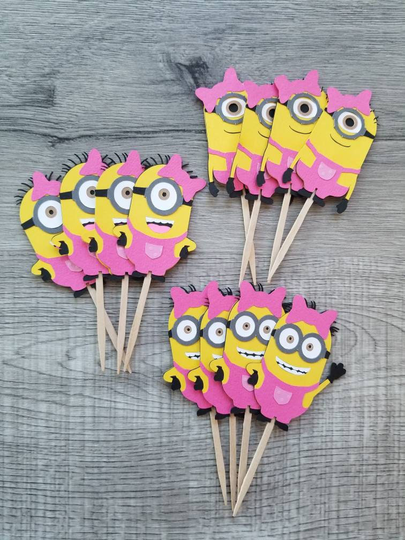Girl Minion Cupcake Toppers, Decorations Hot Pink With Hair Bow Diecut Cardstock Birthday Party Picks 3 Kinds Set Of 12