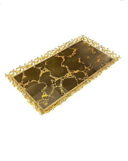 Large Gold-Veined Antique-Mirrored Tray From A Hollywood Regency Amber Glass Ormolu Filigree Vanity Set