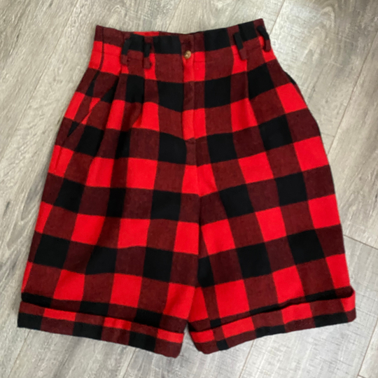 1980S British Khaki Buffalo Check Plaid Shorts High Waist Wool Blend Women's Vintage Small