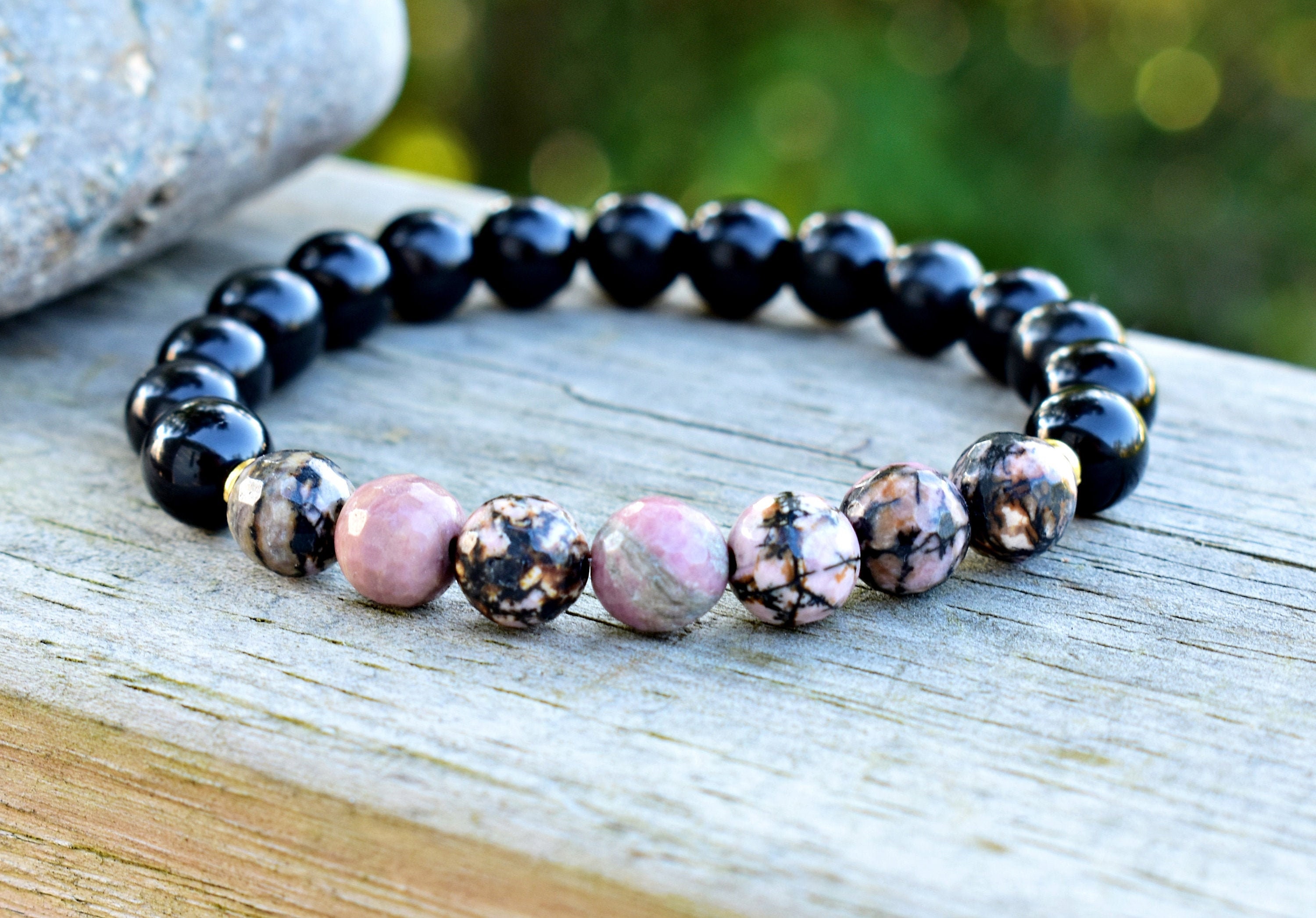 Self Love Bracelet, Protection Gemstone Rhodonite & Aaa Black Tourmaline