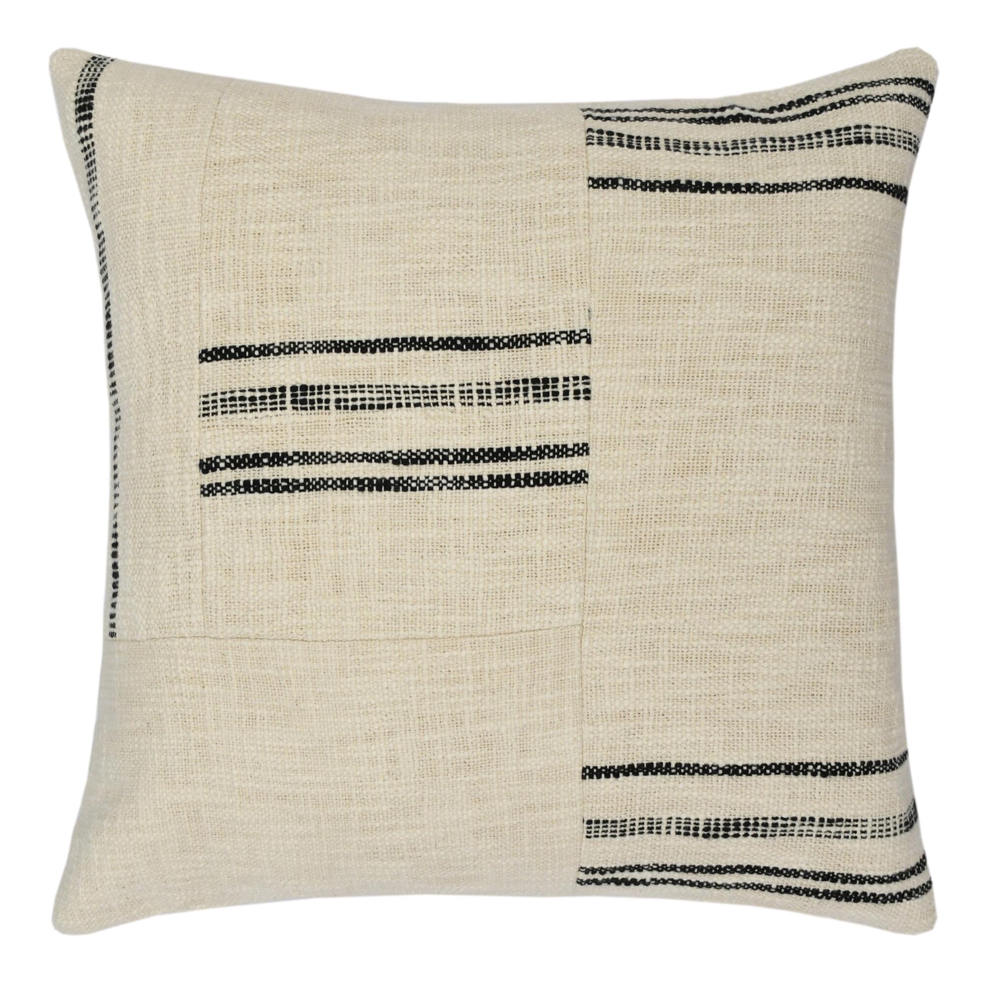 Ivory and Rustic Black Stripe Patched Throw Pillow: Natural - Cotton - 18" Square by World Market