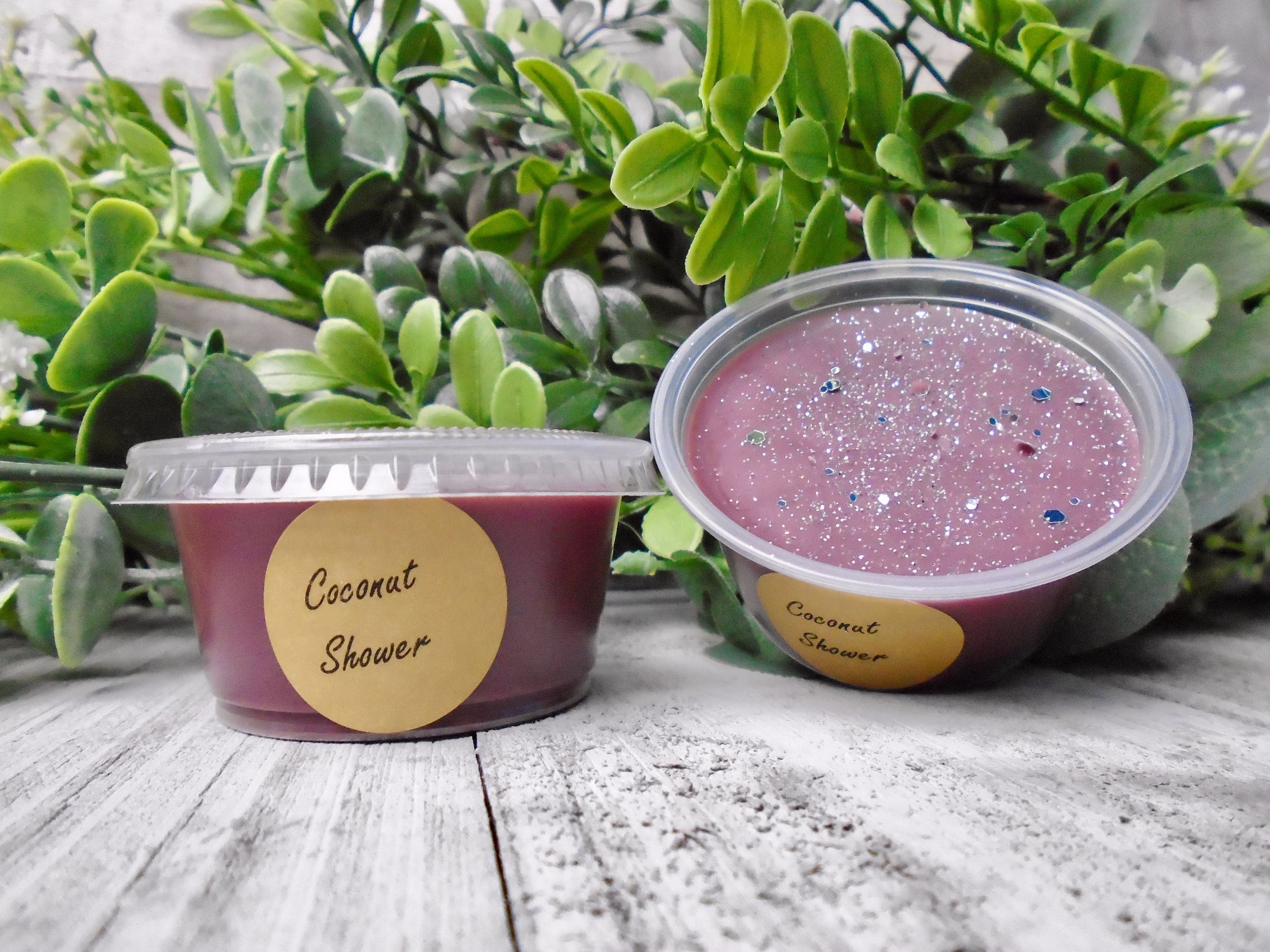 Coconut Shower, Sample Size Wax Melt, Soy Blend 2 Oz Melt Shot Cup, Tart, Strong Scented Lush Type