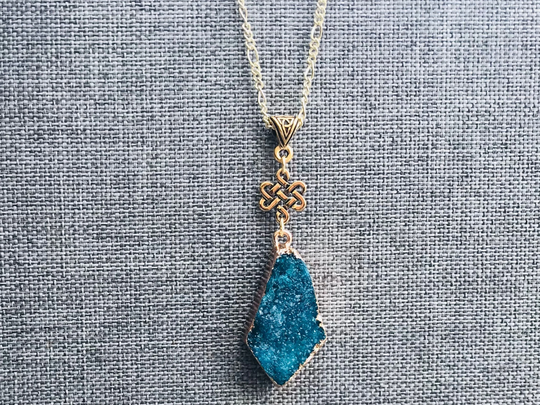 Dark Druzy Celtic Necklace in Gold. Gold Filled Figaro Chain