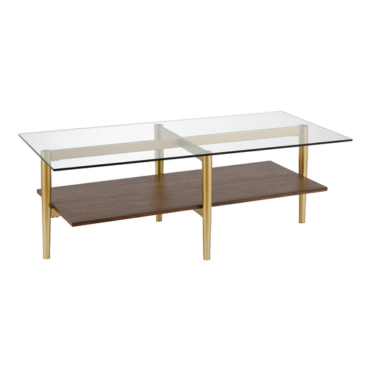 Gold Metal and Walnut Glass Top Mae Coffee Table with Shelf by World Market