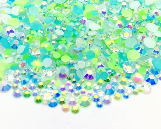 Sea Glass Blend Rhinestone Mix 3/4/5/6mm Flatback Jelly Resin Rhinestones Mixed Size, Blue | Green Clear