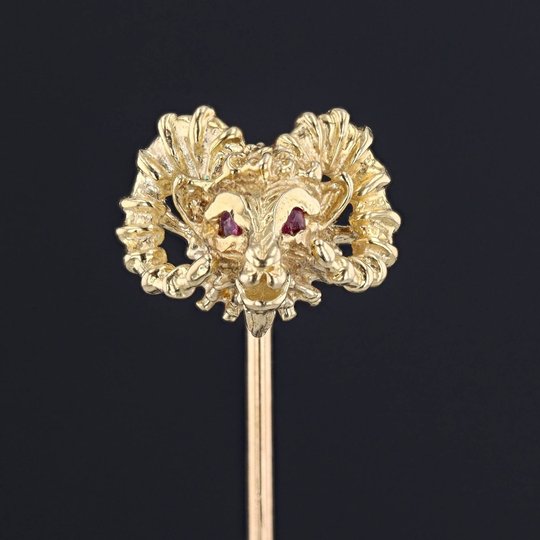 Ram Stick Pin | Vintage 14K Gold & Rubies Aries Men's Jewelry