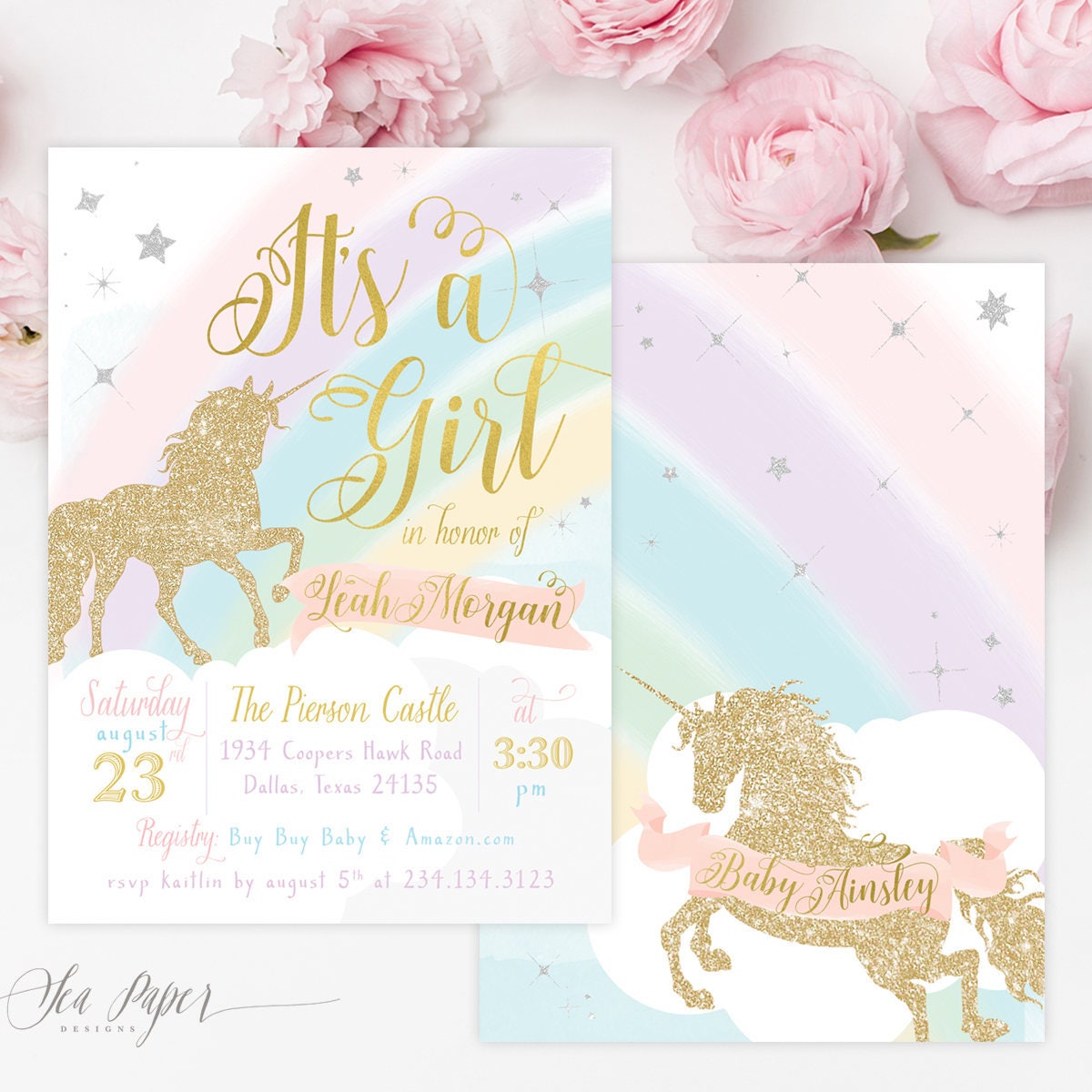 Unicorn Baby Girl Shower Invitation, It's A Shower, Invite, Rainbow, Printed Or Printable - Leah