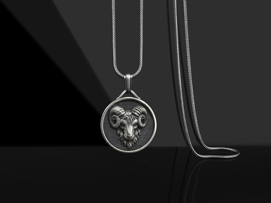 Aries Ram Handmade Sterling Silver Men Charm Necklace, Zodiac Sign Medallion, Pendant, Horoscope Animal Jewelry