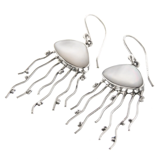 1 3/8" Mother Of Pearl Jellyfish 925 Sterling Silver Earrings