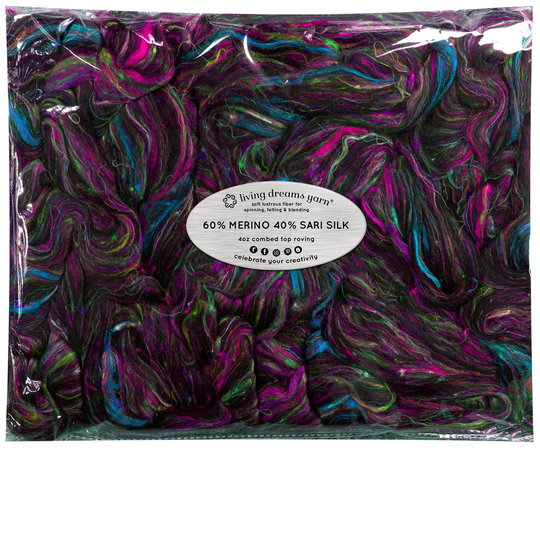 Merino Sari Blend 4Oz Wool & Silk Roving Fiber Soft Combed Top, Hand Spinning, Drop Spindle, Needle Wet Nuno Felting. Nirvana