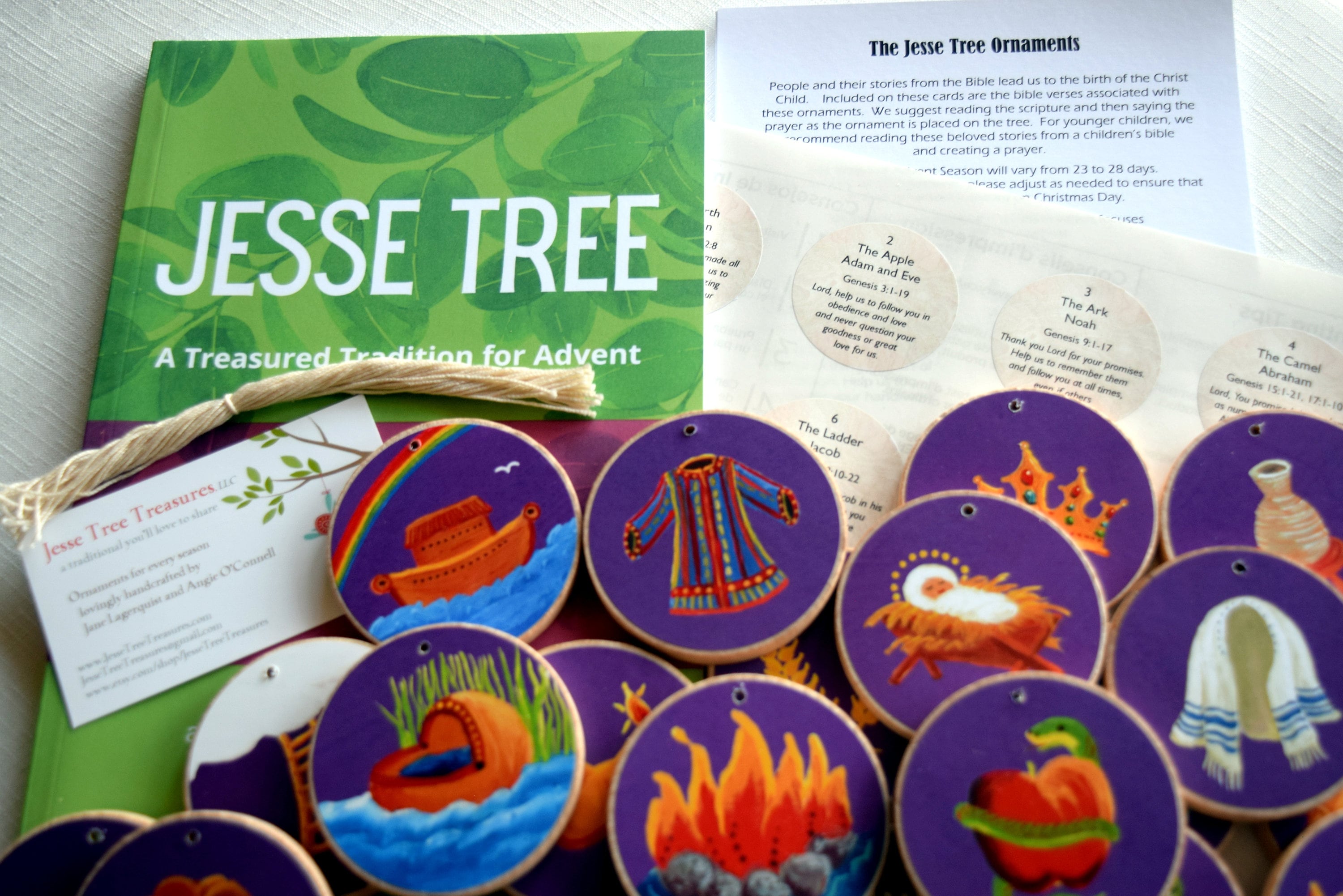 Advent Jesse Tree Book 6x9 & Purple Ornaments- Storybook Set - Includes Sticker Backs- Ready To Ship Christian Calendar