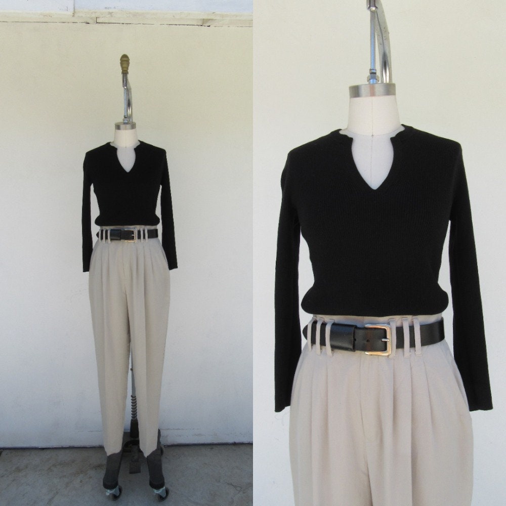 90S Wool Blend Ribbed Long Sleeve Sweater Top | Minimal Black V Neck Size M