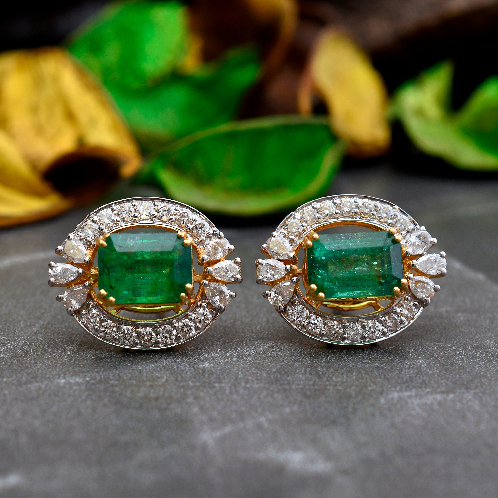 Natural Zambian Emerald Stud Earrings, Real & Diamond Earrings For Women, 14K Gold Art Deco Earring Jewelry Studs