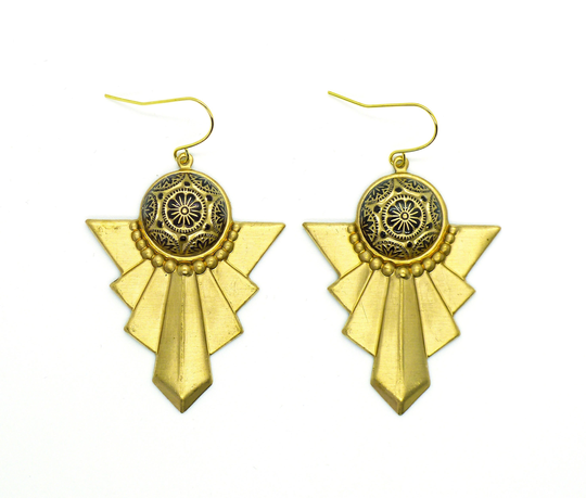 Mosaic Fans // Statement Earrings Glass Black & Gold Hand Painted Gems On Art Deco Starburst Shapes Flapper Gatsby Goth Vintage