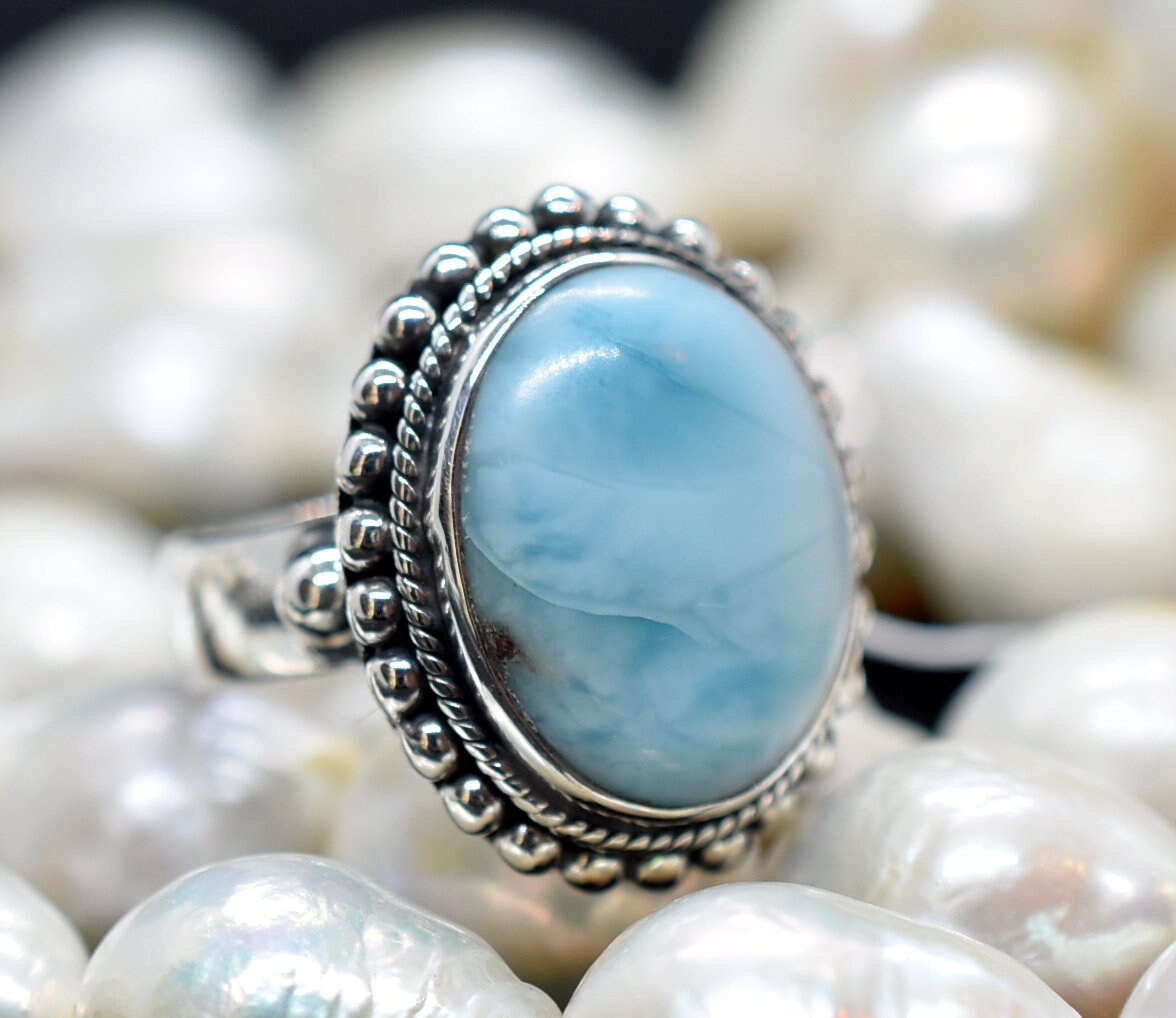 Larimar Ring 6 Us Code H1, 925 Sterling Silver, Handmade Ring, Statement Birthstone Fashion For Women #hh