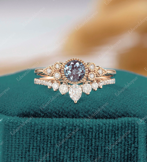 Vintage Alexandrite Engagement Ring Set Cluster Moissanite Rose Gold Unique Art Deco Women Diamond Wedding Bridal