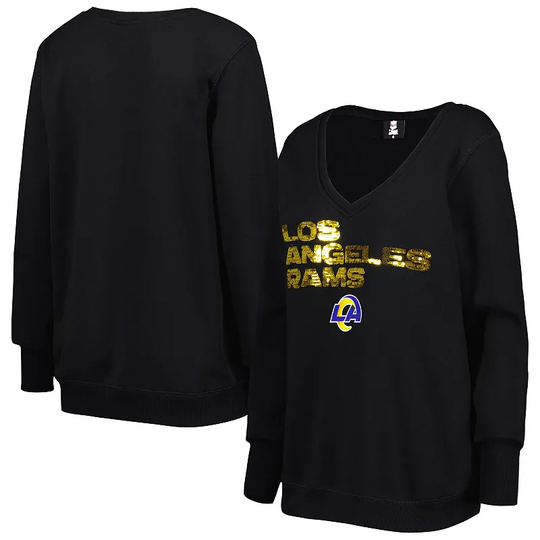 Women's Cuce Black Los Angeles Rams Sequin Logo V-Neck Pullover Sweatshirt, Size: XL