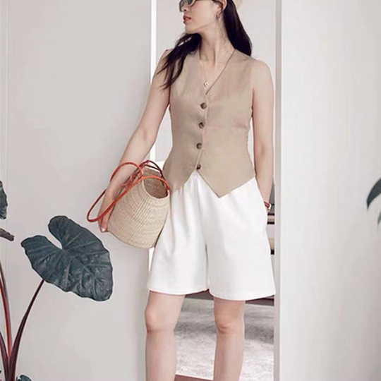 Women's Suit Vest Jacket Nylon Blended V Neck Solid Black White Short Vest Korean Slim-Fitting For Casual Vest Clothing - khaki, 5xl - 5xl beige