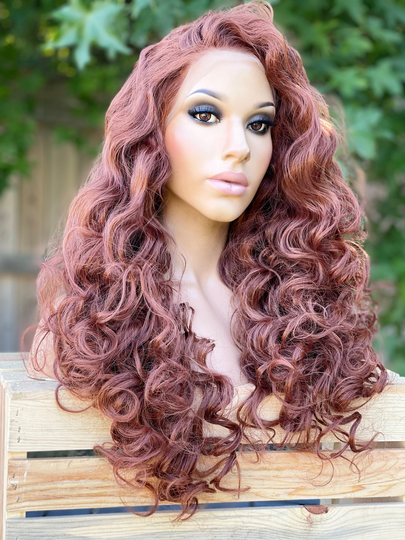 Human Hair Blend Wig 33 Dark Auburn Wig Curly Copper Red Hair 13x3" Free Parting Lace Front 22"