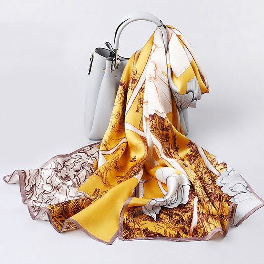 Golden Yellow Floral Silk Polyester Scarf, Bohemian Head Botanical Scarf Art, Vintage Summer Satin Gift For Women