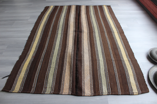 Vintage Striped Kilim, Kilim Rug, Ethnic Bohemian Rug, Handwoven Brown/N-992 5'2"x7'5"