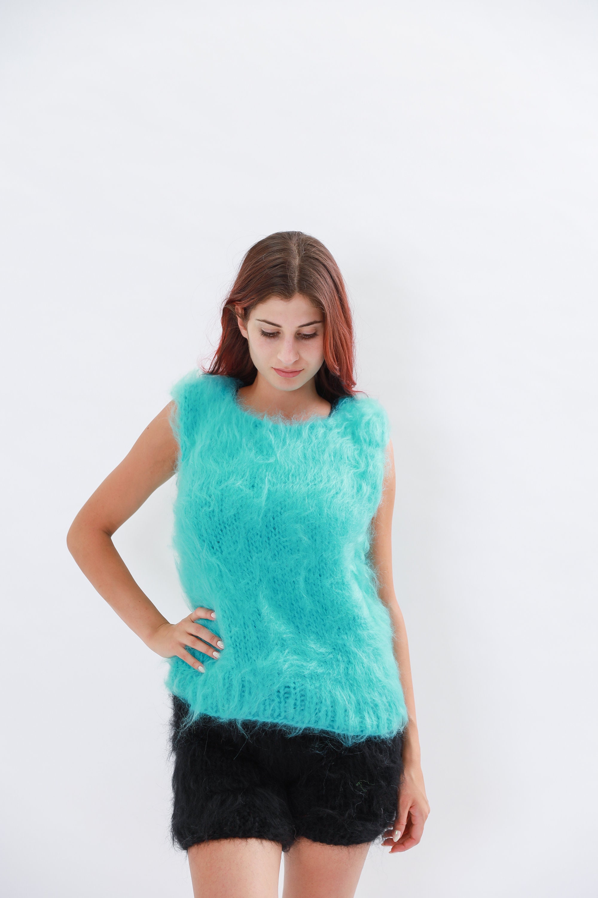 New Short Sleeve Mohair Sweater, Fluffy Warm Pullover, Sweater