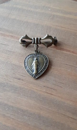 Bronze Heart Shaped Miraculous Medal Brooch