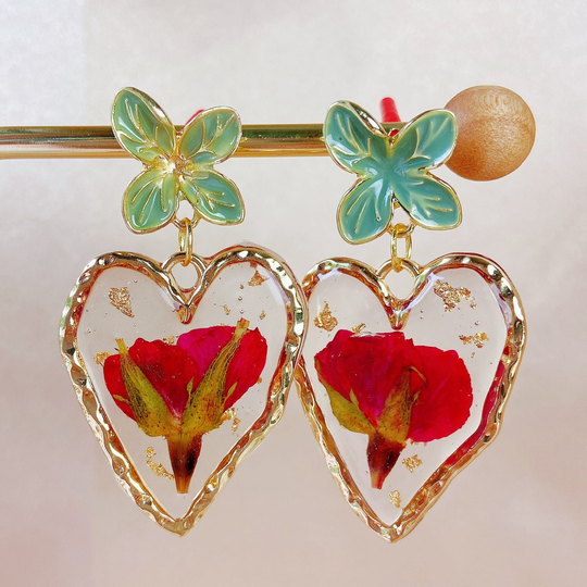 Dried Flower Handmade Resin Earrings, Pressed Rose Botanical Real Hypoallergenic Earrings
