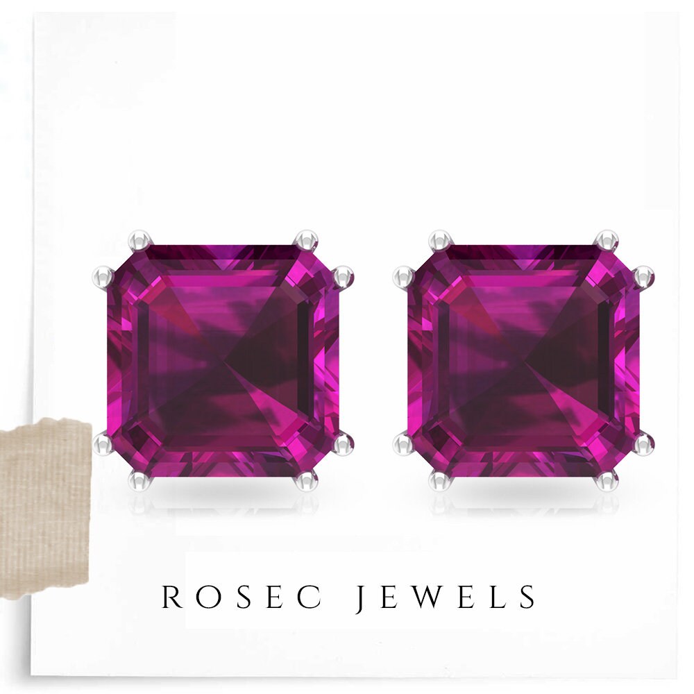 Asscher Cut Earrings, 6.25 Ct Rhodolite Solitaire Stud