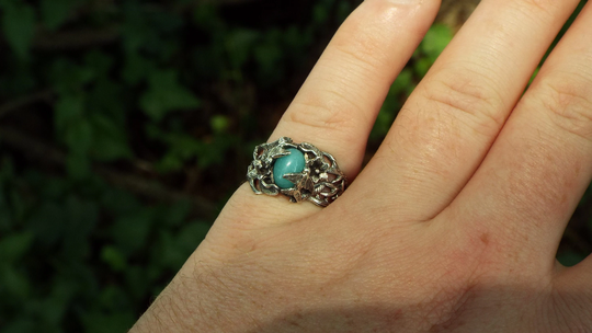 Birds in The Garden, Silver Bird Ring, Floral Amazonite Nature Fantasy Gothic Ring