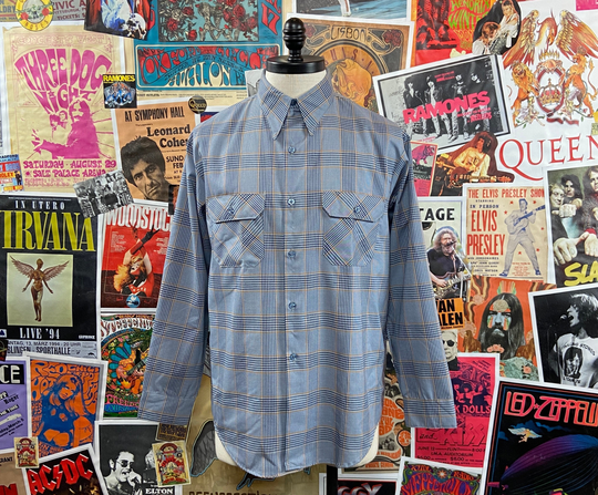 Vintage Men's 1970S Blue Gray Plaid Big Mac Long Sleeve Two Pocket Button Up Shirt | 70S
