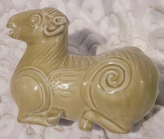 Aries Ram Bighorn Sheep Glazed Clay Pottery Ceramic Sculpture 8" Tall X 11" Long Porcelain Seated Animal Incense Holder Hooka